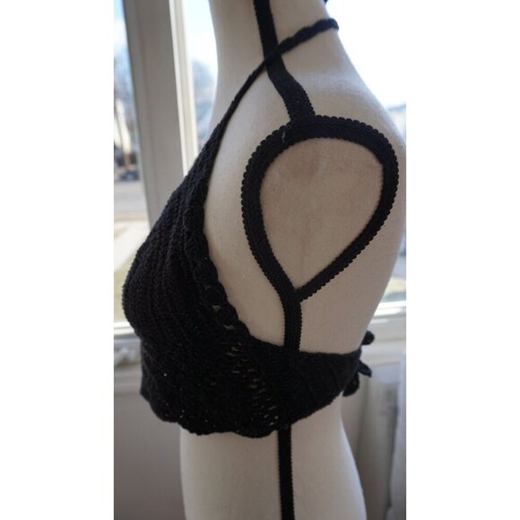 Black Crochet Halter Bralette | Boho Festival Crop Top | Adjustable Tie-Back - Picture 4 of 8